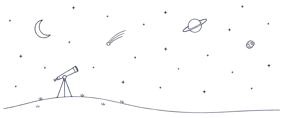 Line illustration of a small telescope on a hill under stars, a crescent moon, a ringed planet and a comet